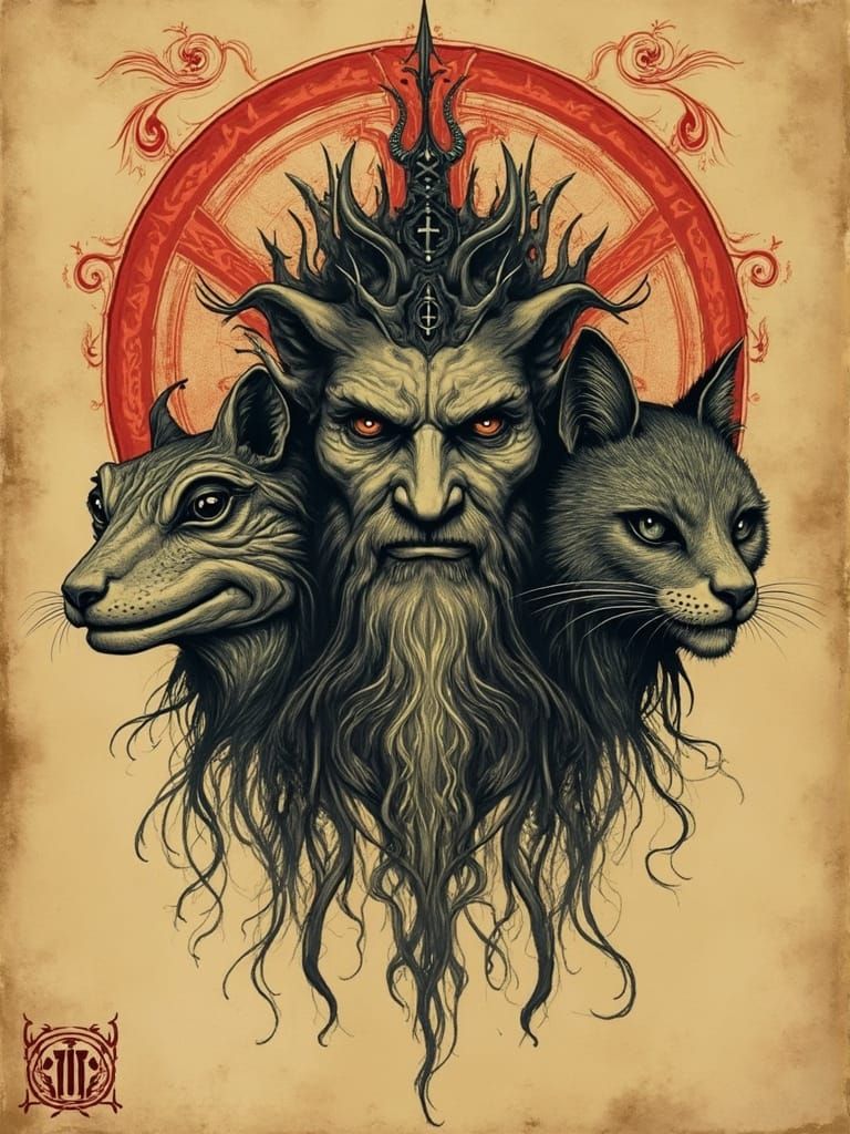 Ancient Papyrus Illustration of King Bael, Hell's Tri-Headed...