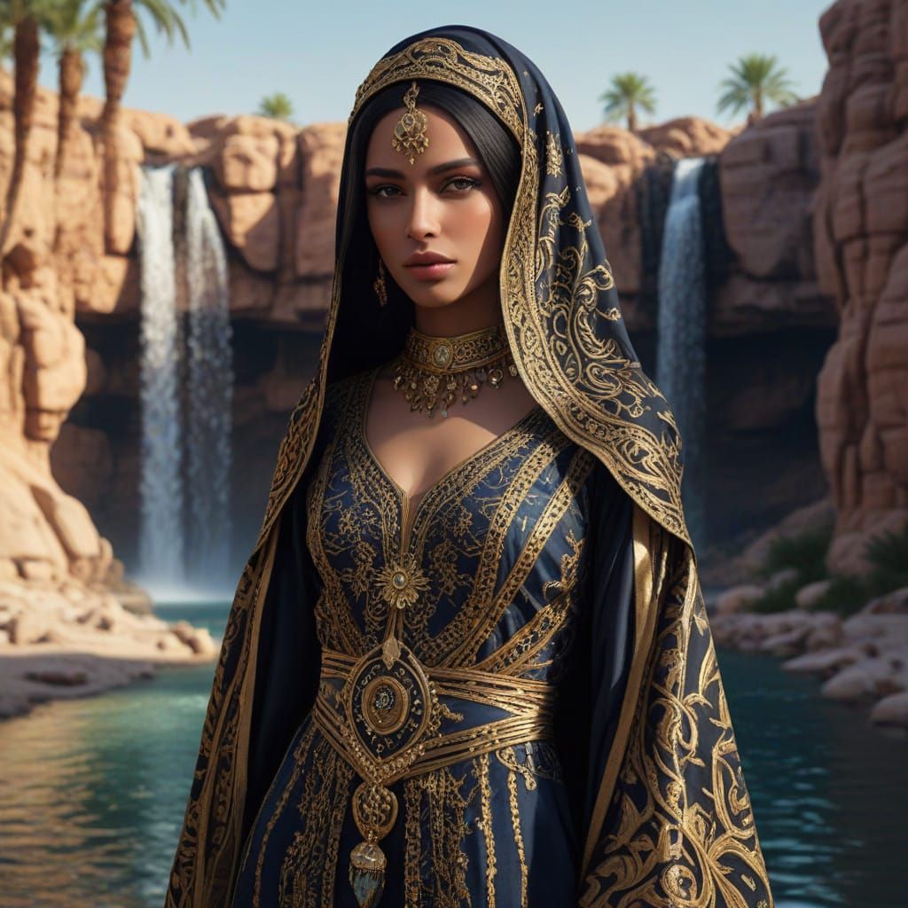 Regal Arabian Woman in Golden Abaya with Desert Oasis