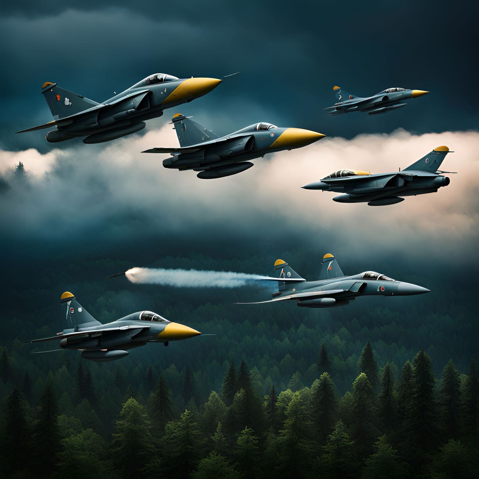 Mirage Fighters Bombing Forest at Night