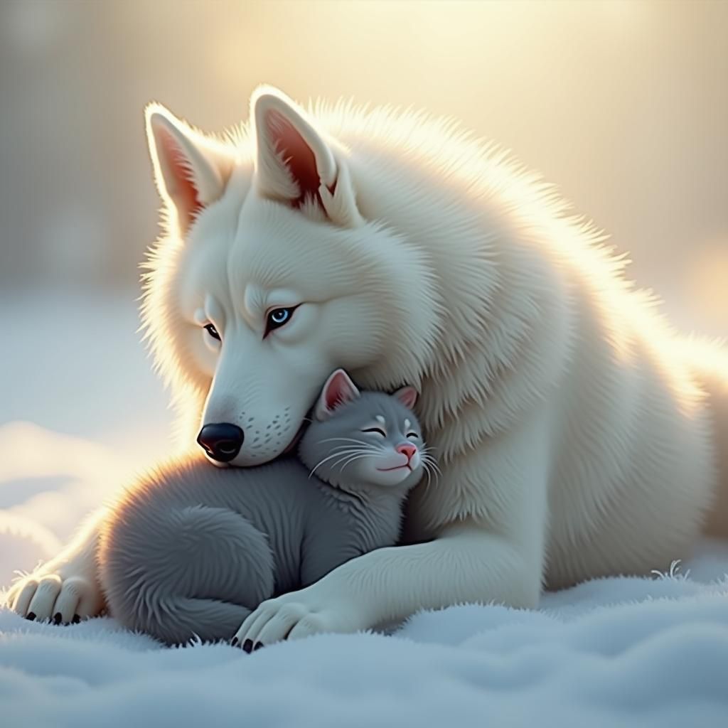 Husky and Cat Cuddle: Dreamlike Digital Oil Painting
