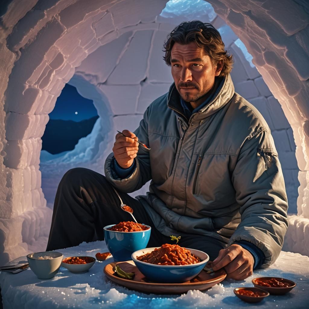 Hyperrealistic Man Enjoying Chili in Igloo