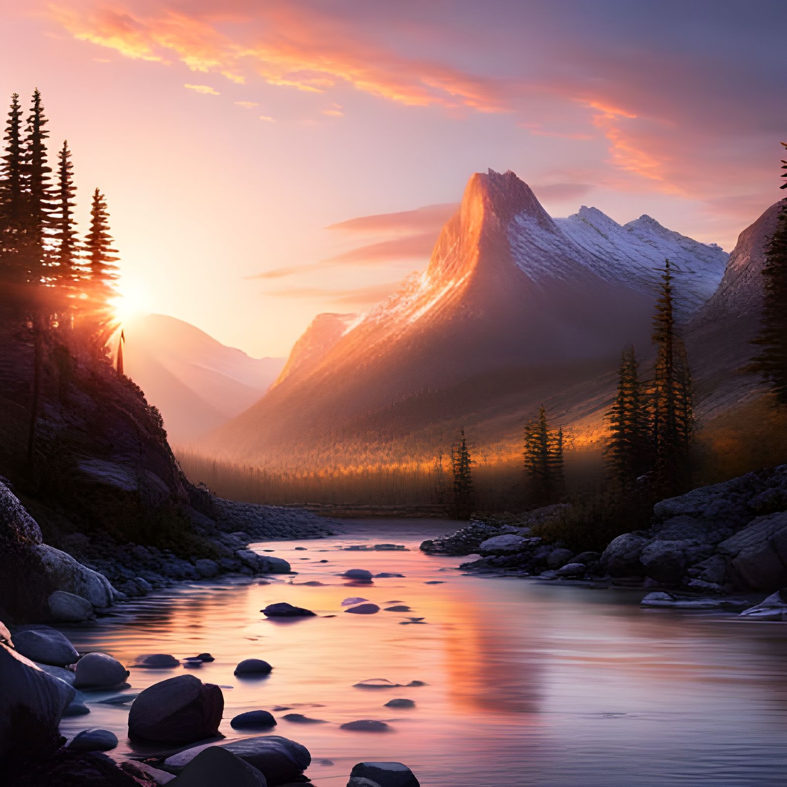 Mountain River Landscape at Sunrise in HDR