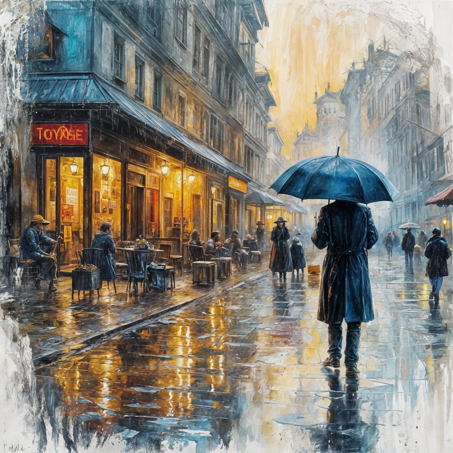 Lady in Rain at Cafe, Vintage Glitchcore Style