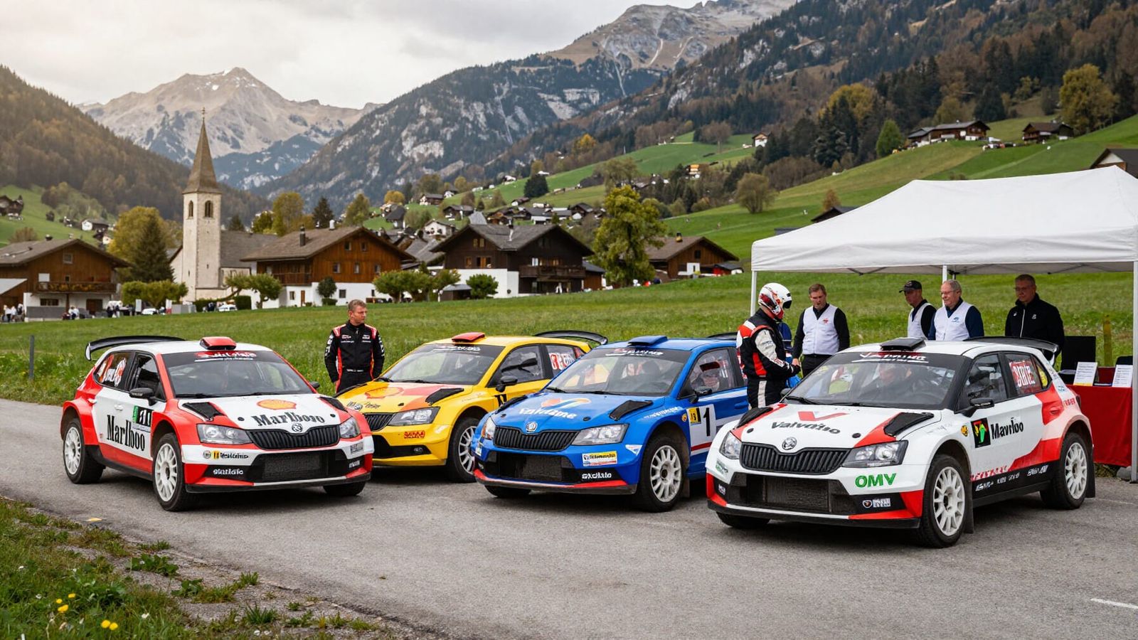 Skoda Fabia Rally Cars Lined Up at Swiss Checkpoint
