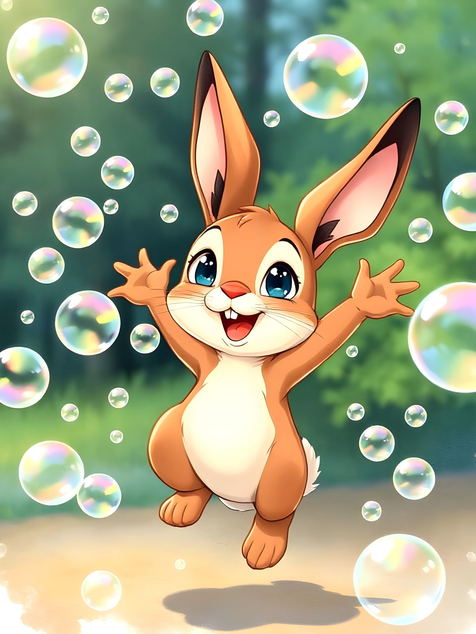 Joyful Bunny in Bubble Wonderland: Anime Watercolor Style