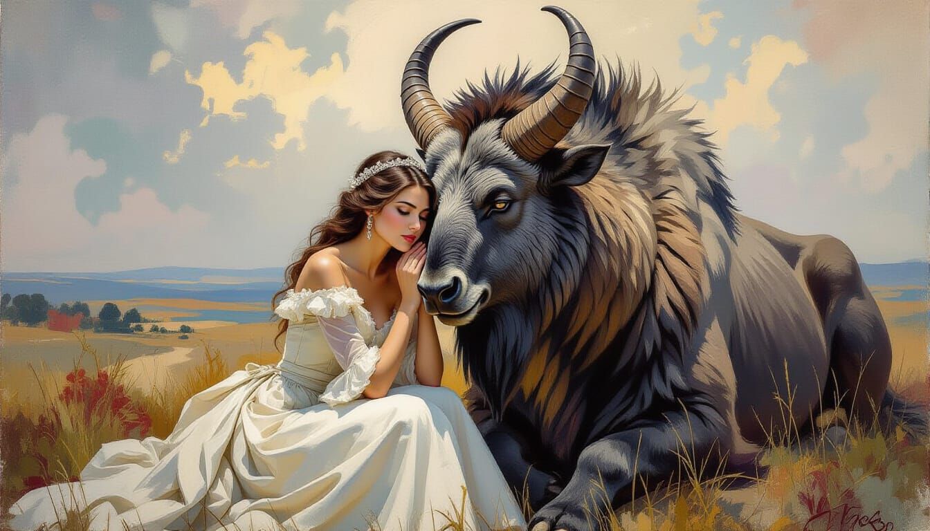 Woman and Beast in Romantic Landscape
