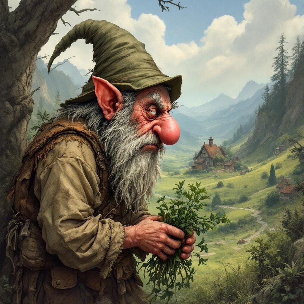 Gnome Gathering Herbs in Fairytale Valley