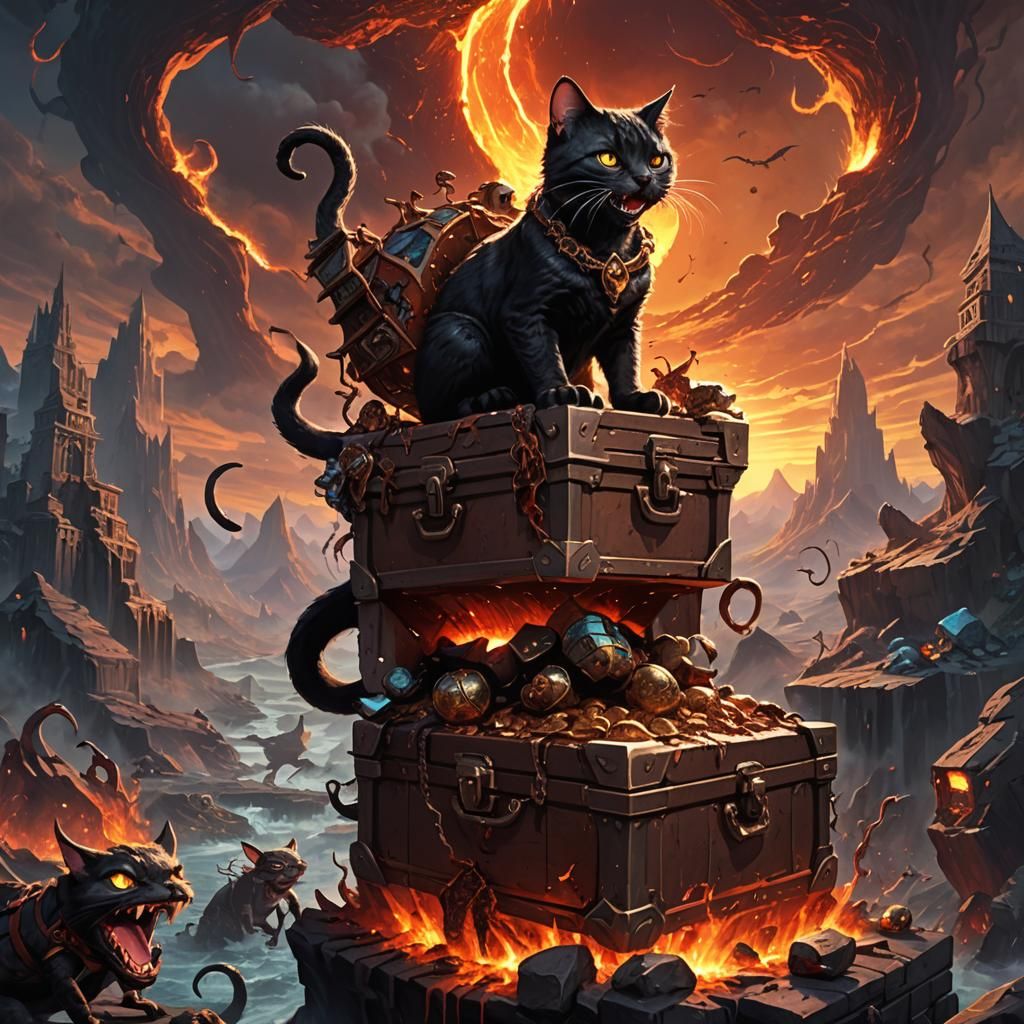 Adventurer Cat and Mimic Chest in Dark Fantasy Landscape