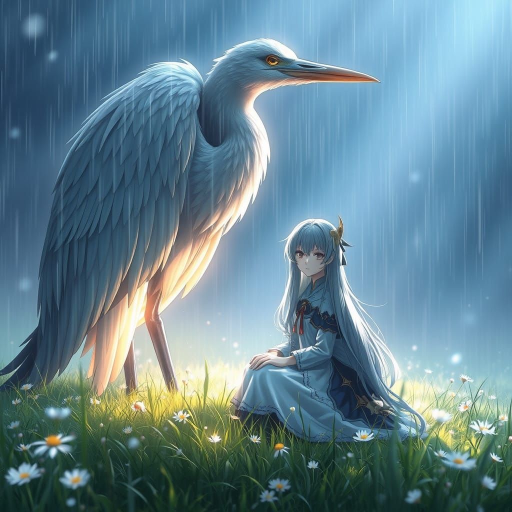Mysterious Heron in a Serene 3D Anime Meadow