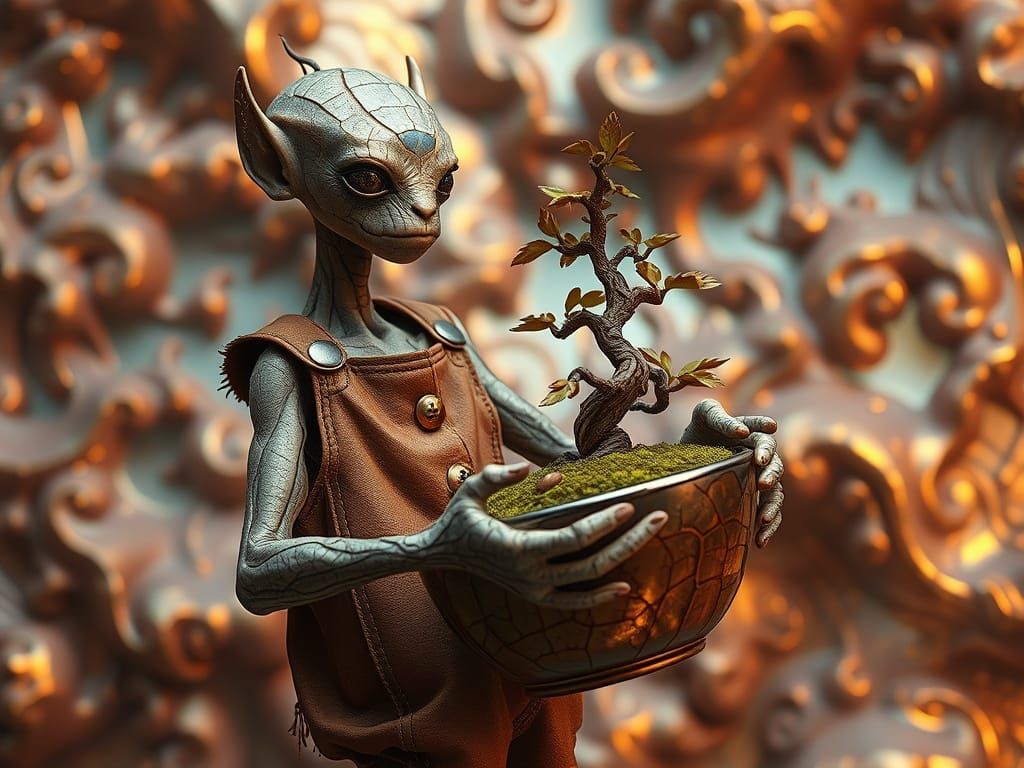 Enigmatic Leather Hybrid Contemplates Bonsai in Ethereal Fra...