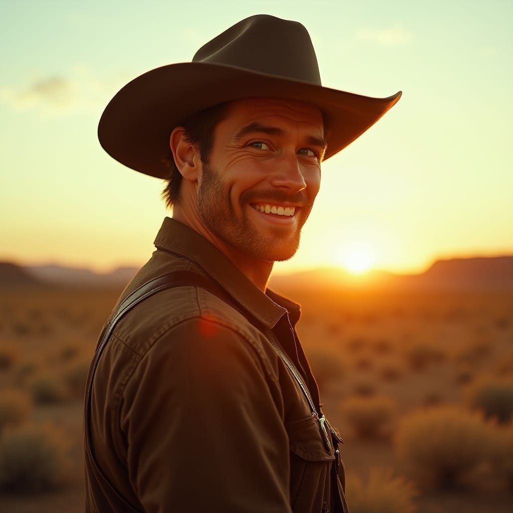 Handsome Cowboy Winking in Cinematic Film Still