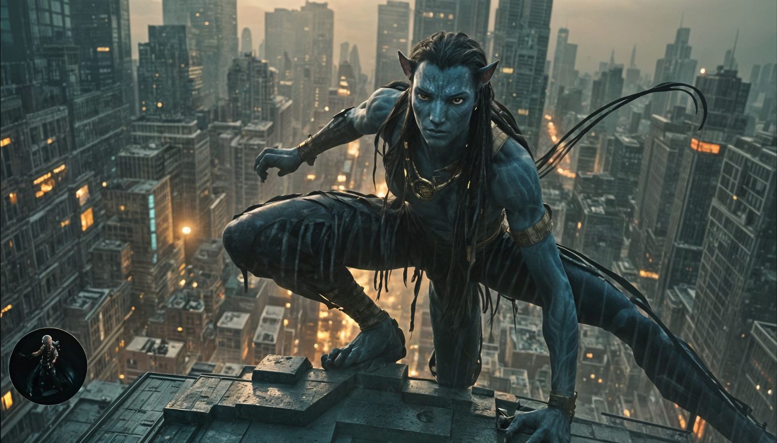 Avatar Character Overlooking City in Cinematic Style