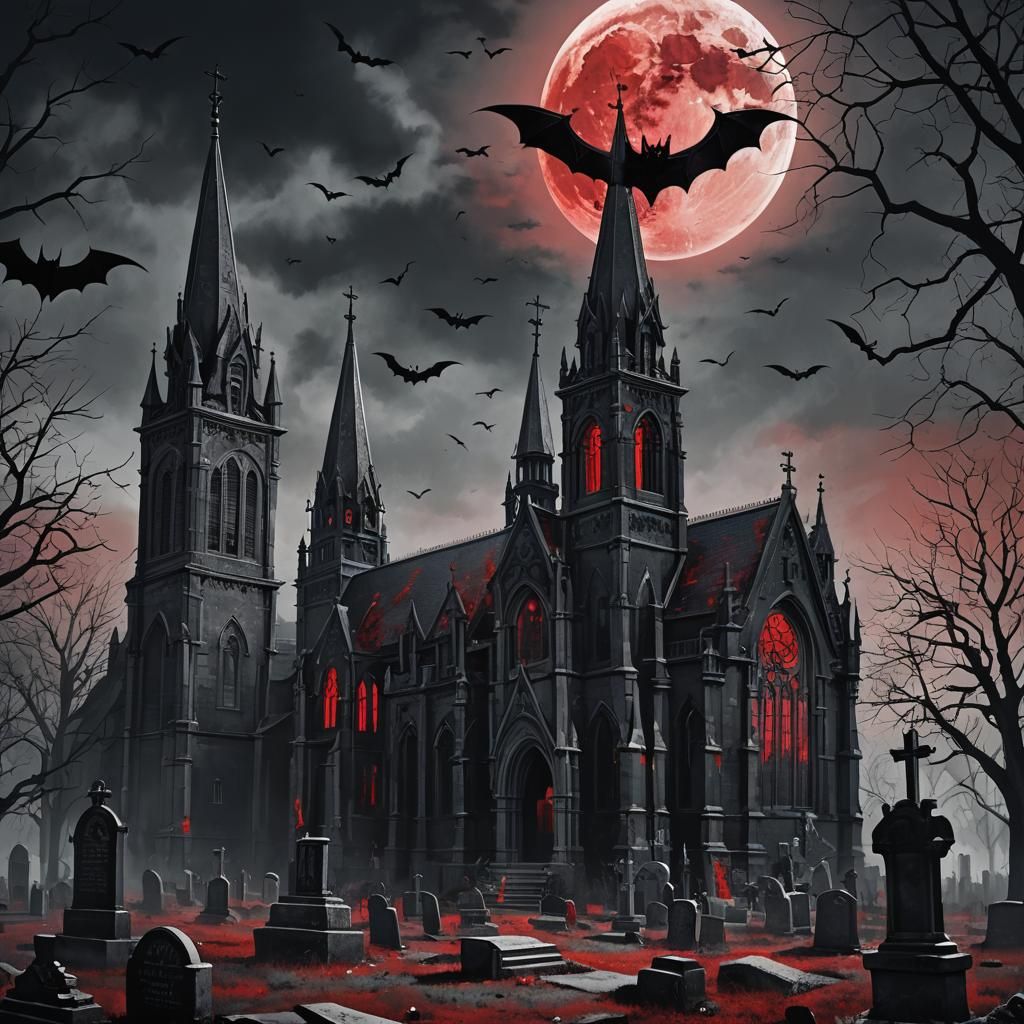 Victorian Gothic Horror: Bats, Moon, and Cemetery