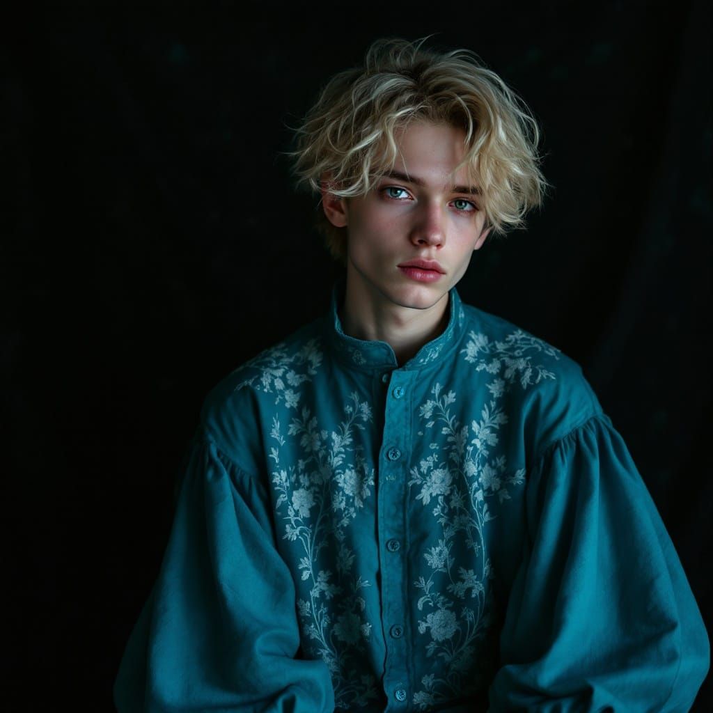 Ethereal Young Man in Turquoise and Darkness