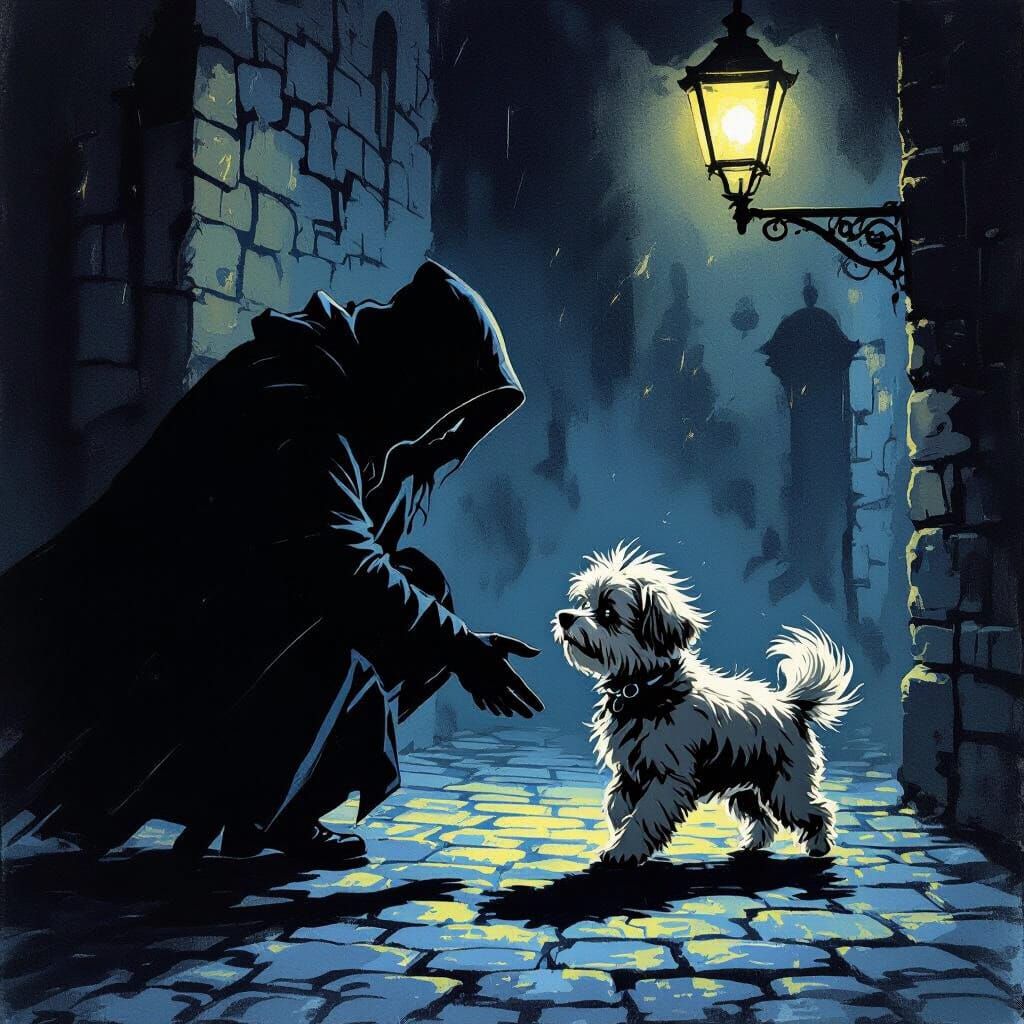 Shadowy Figure Abducts Dog on Cobblestone Street