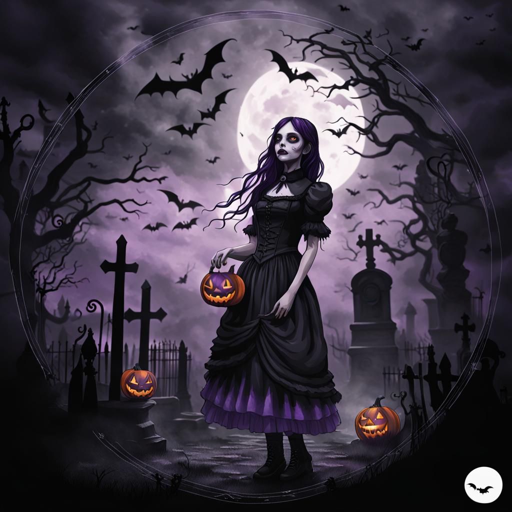 Gothic Girl in Graveyard with Jack-o'-Lantern