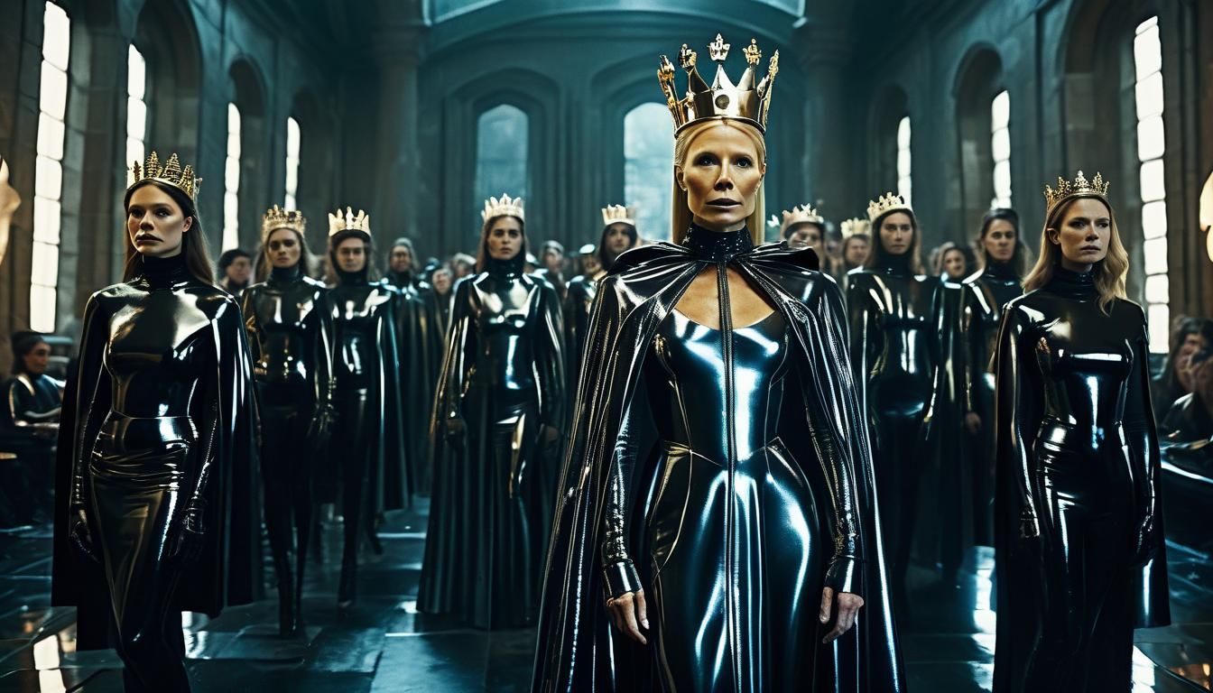 Sadistic Latex Empress on Throne: Cinematic Film Still