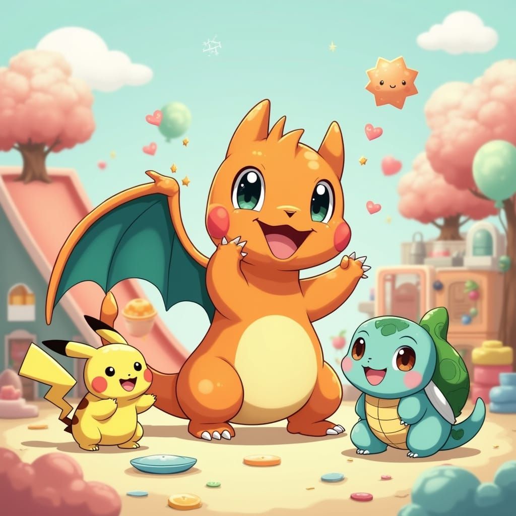 Chibi Charizard and Friends in a Kawaii Playground