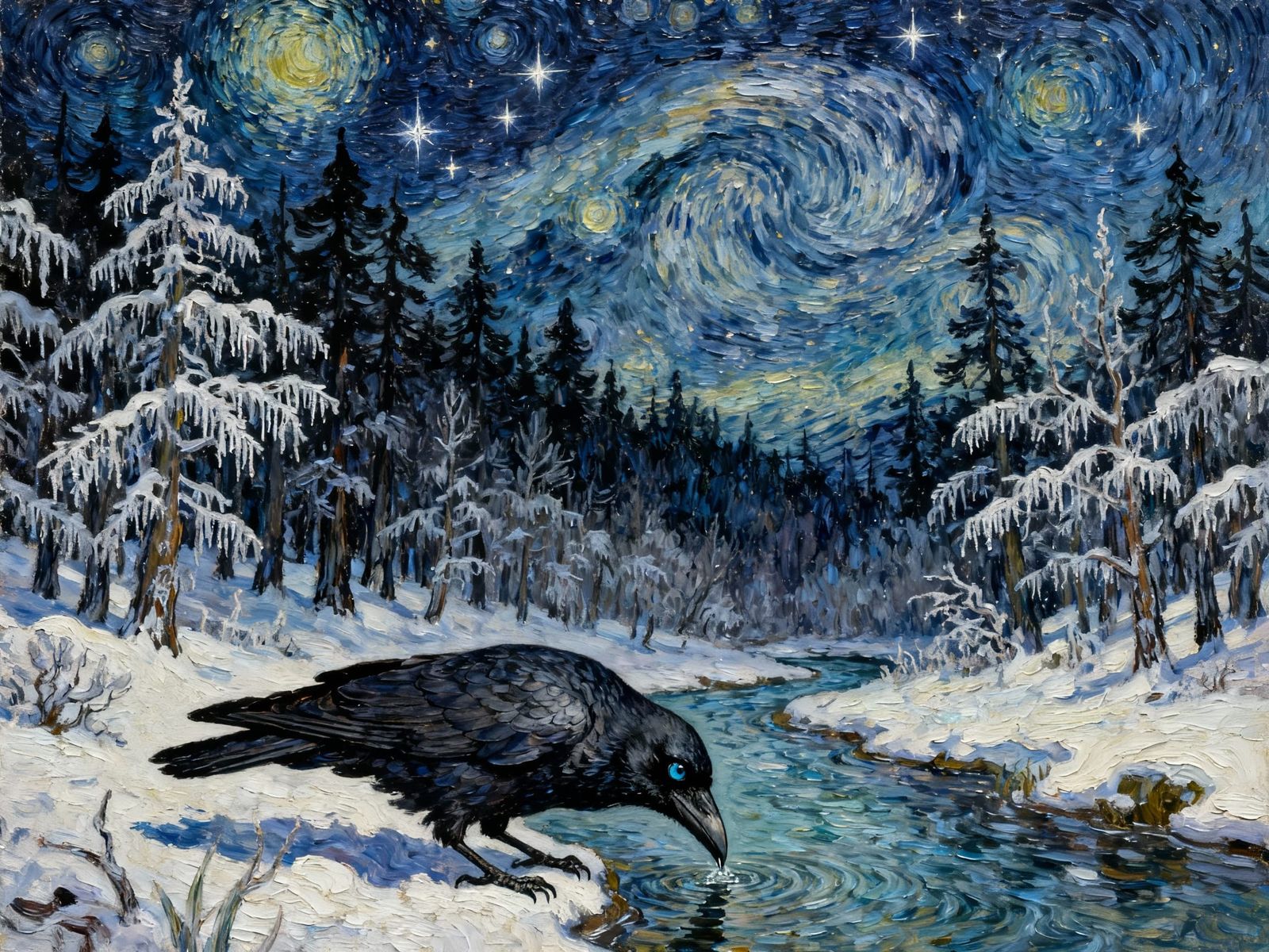 Crow's Eye Views Doe Drinking in Snowy Forest