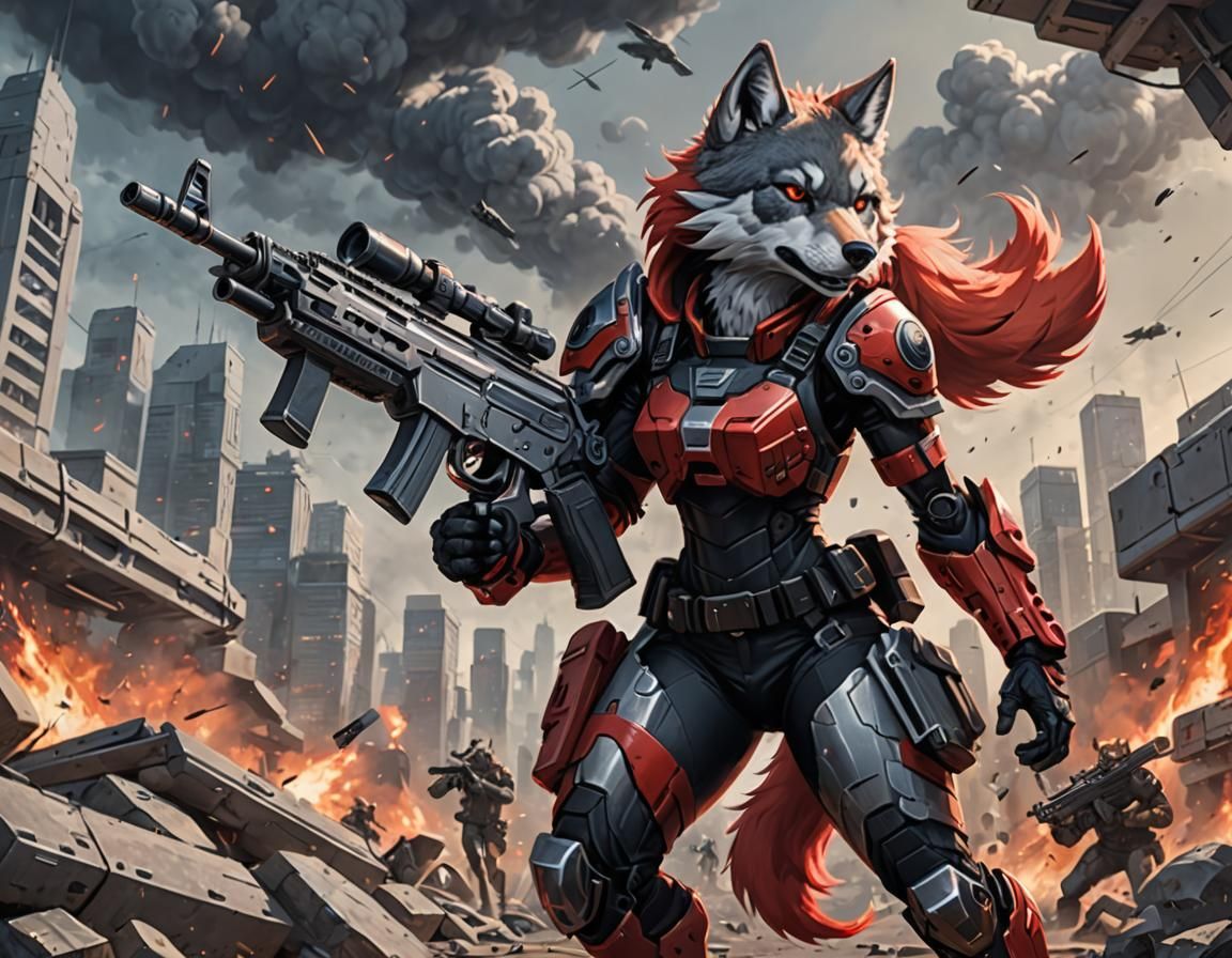 Futuristic Armored Wolf Girl on Battlefield in Anime Style