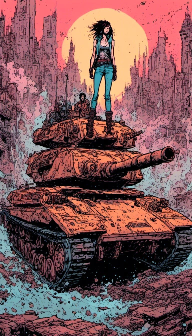 Punk Rebel on Tank in Post-Apocalyptic City