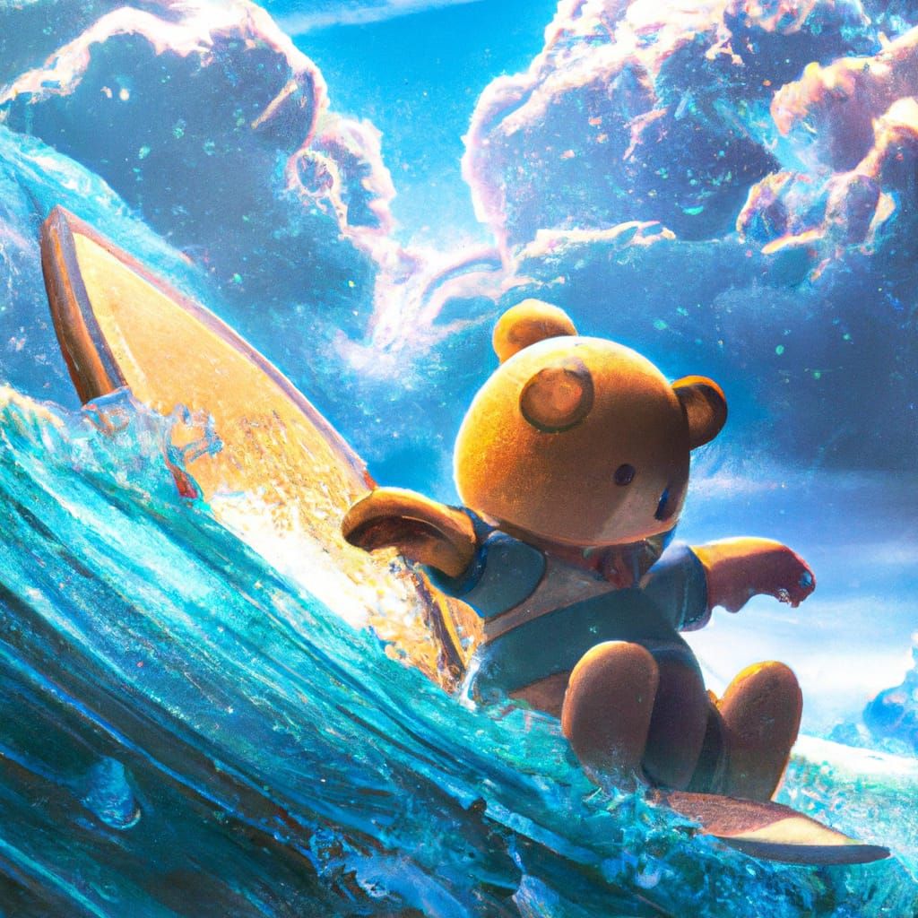 Surfing Teddy Bear in Studio Ghibli Style
