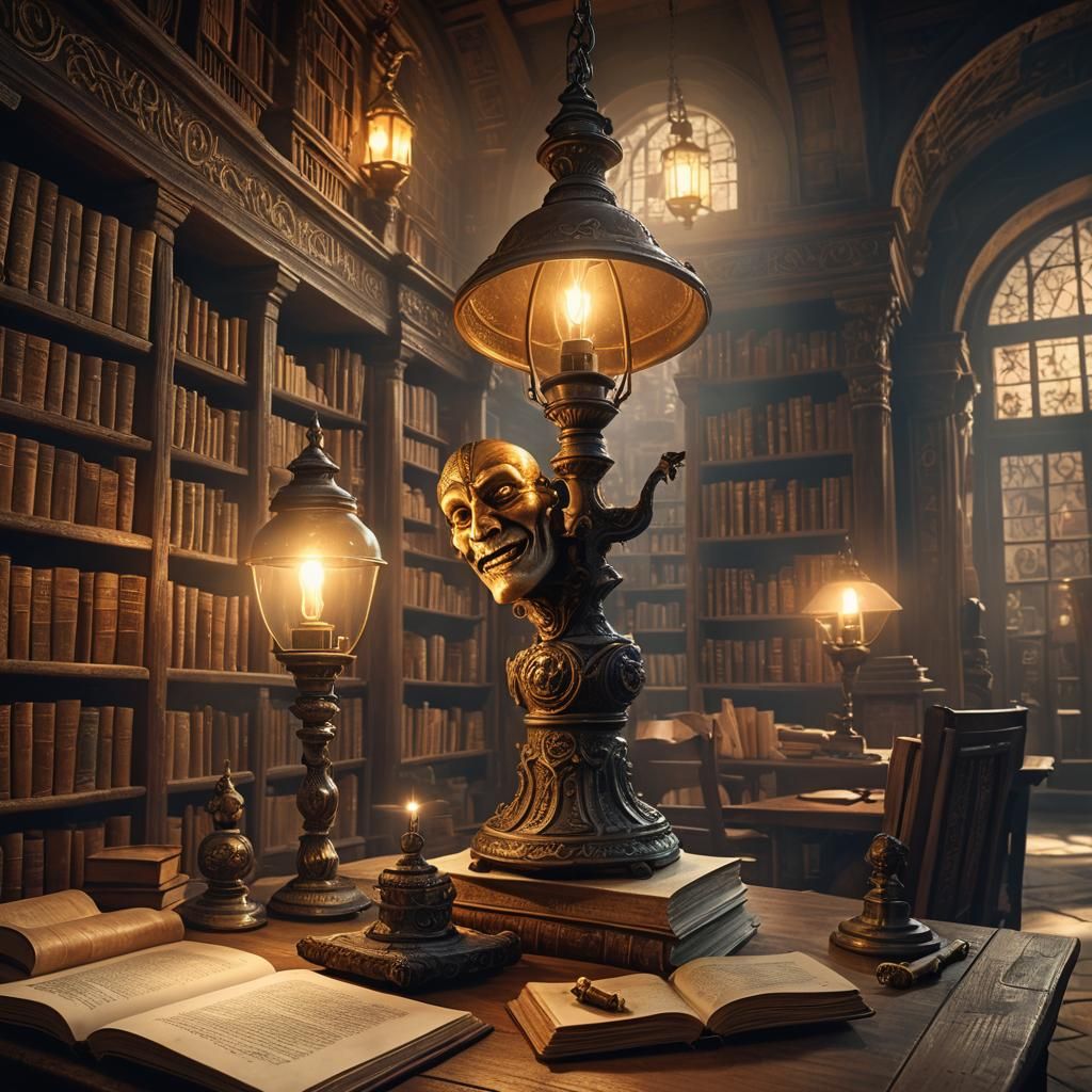 Mystical Talking Lamp in Ancient Library