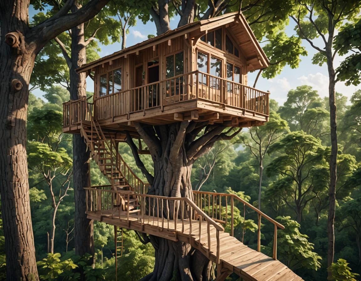 Elevated Wooden Treehouse in Lush Forest, High-Resolution