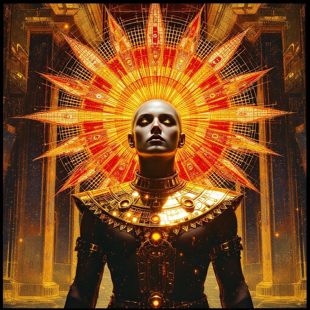 Solar Priest in Deco Sunburst Collar, Pixelated Eyes and Cor...