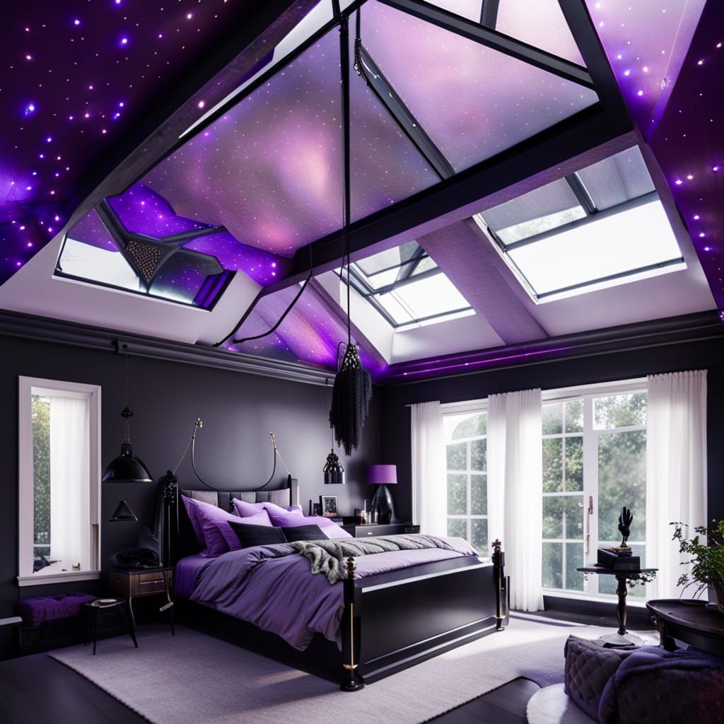 Beautiful skylight gothic bedroom black walls beautiful skylight windows& black gothic bed with purple accents& lots of ...