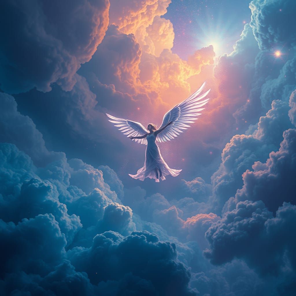 Ethereal Angel Soaring Through Mystical Night Sky