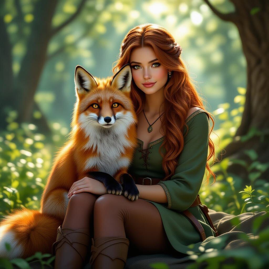 Fox and Woman in Sun-Dappled Forest Cinematic