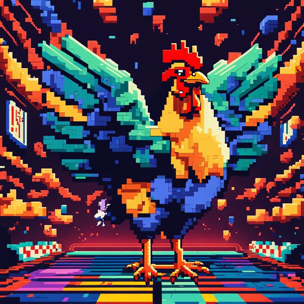 Retro 8-bit Pixel Art Chicken on Arcade Background
