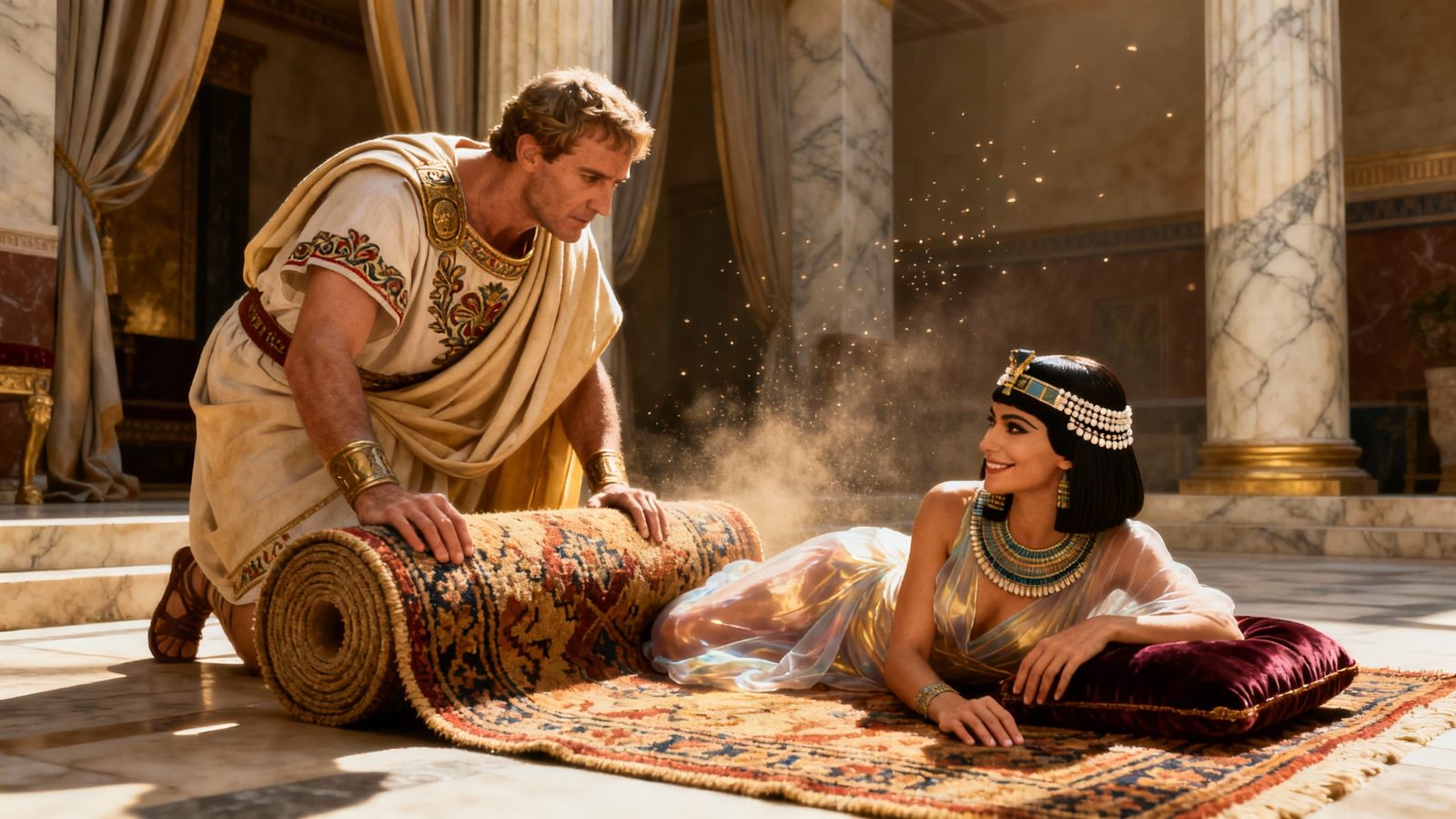 Photorealistic Caesar Unrolls Carpet for Cleopatra