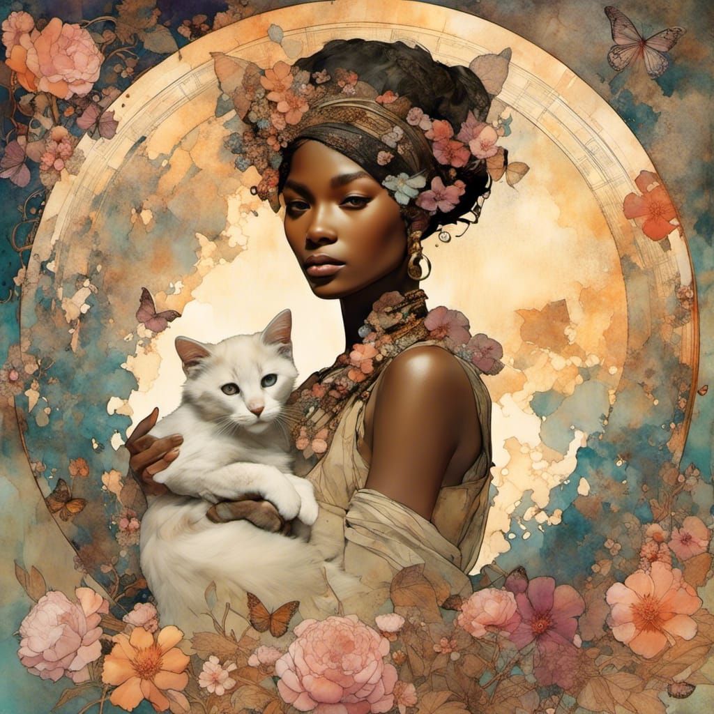 Art Nouveau Scrapbook Page: Girl, Kittens, Flowers