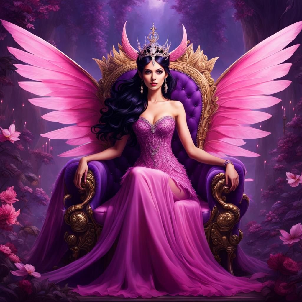 Fairy Queen on Throne Surrounded by Pixies