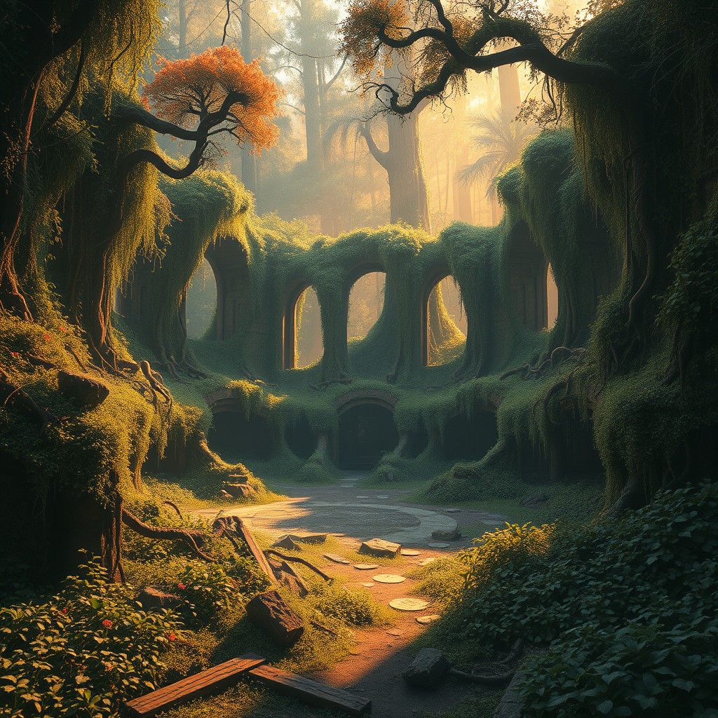 Overgrown Arena Ruins in Dreamlike Forest