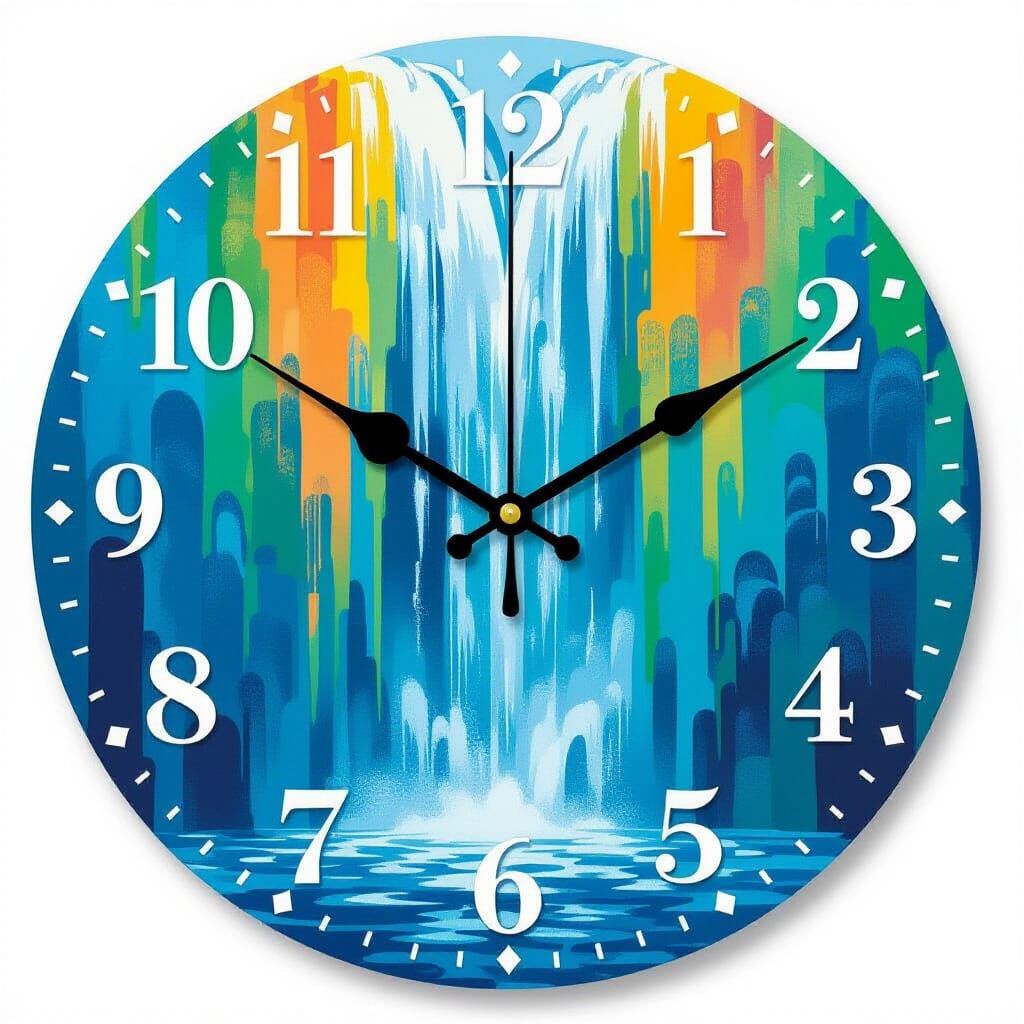 Waterfall Clock with Cascading Time in Vibrant Abstract Styl...