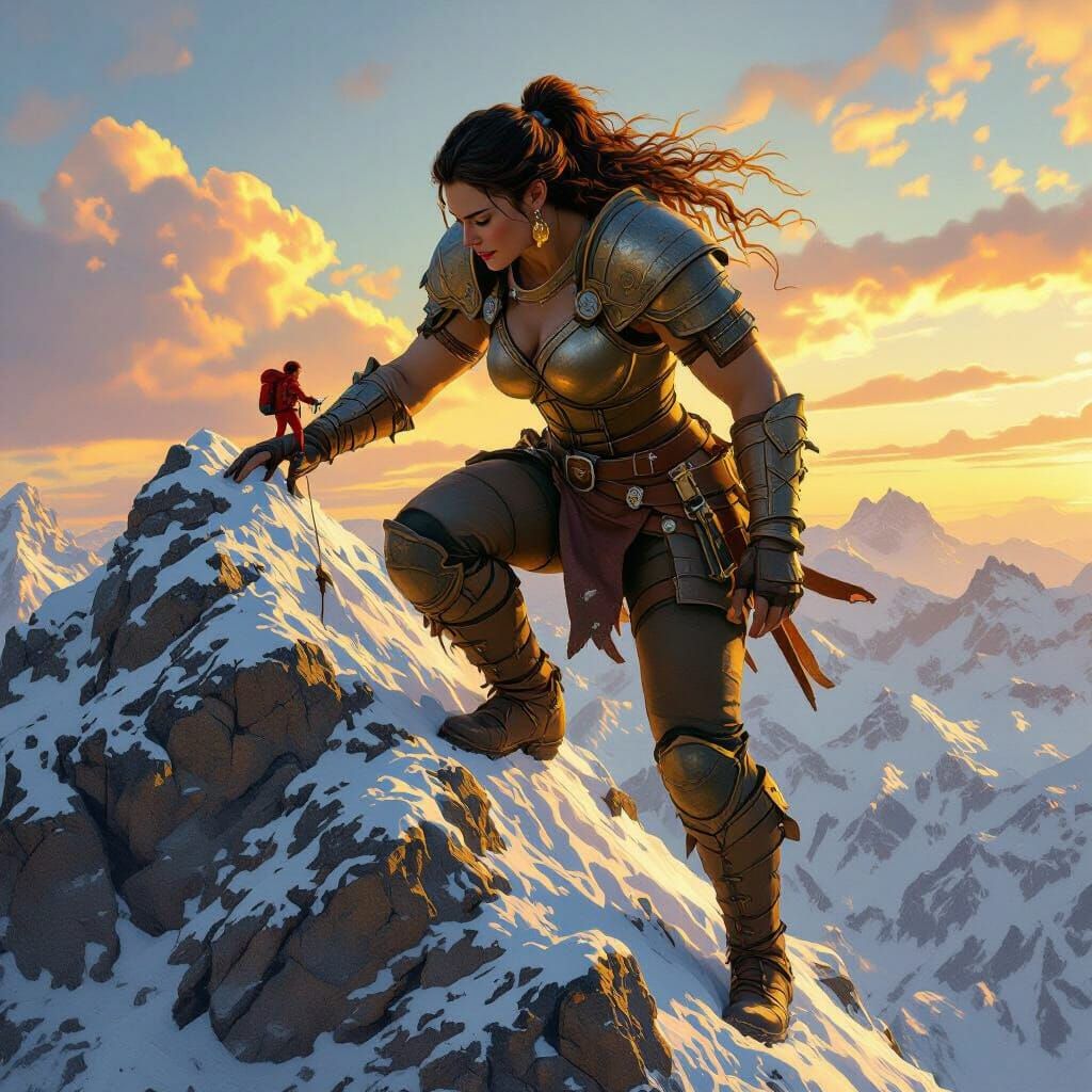 Giantess Ascends Snowy Mountain with Tiny Climber