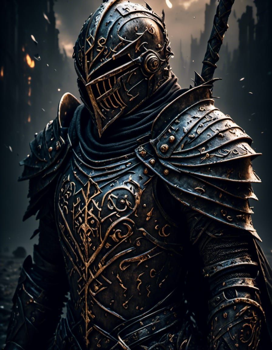 Heavy Shield Knight with Glowing Runes in HDR