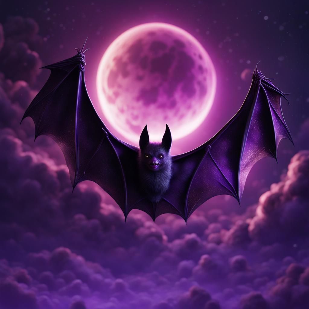 Glowing Purple Bat Soaring in Moonlit Sky