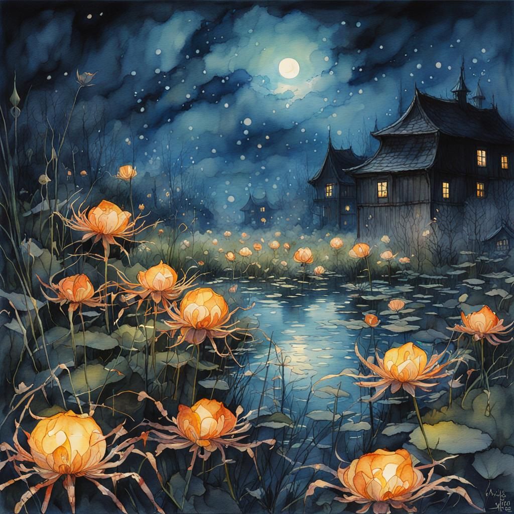 Spider Lilies at Night in Watercolor Style