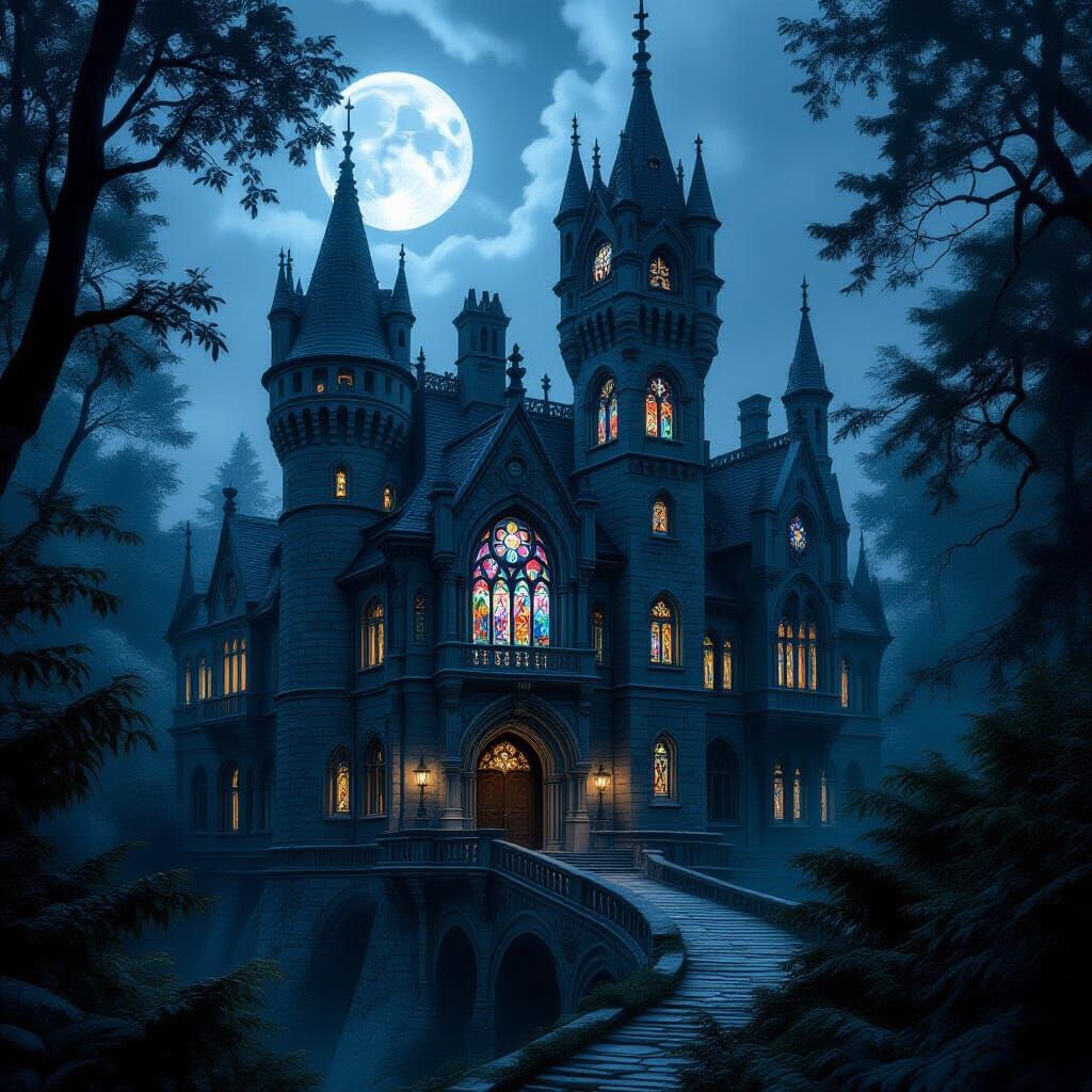Majestic Gothic Castle Under Moonlight, Mystical Ambiance