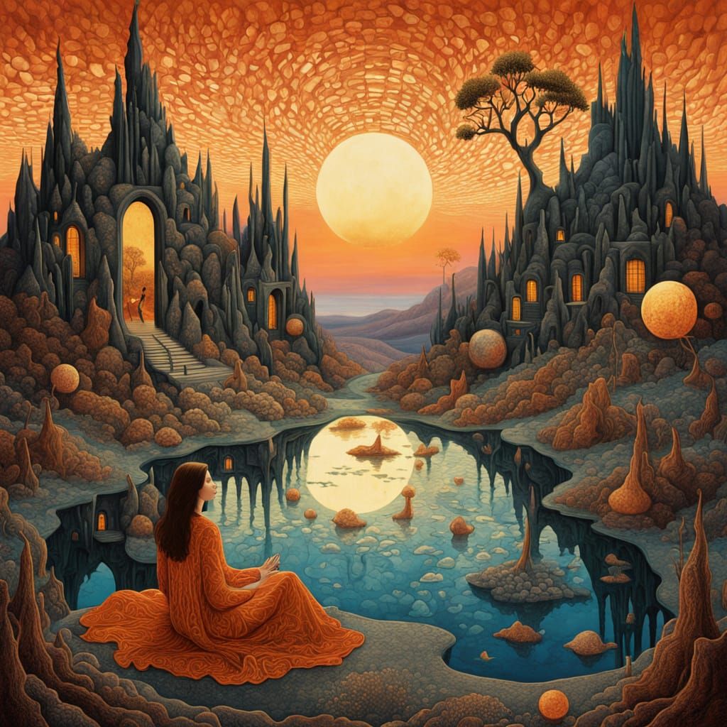 Mystical Shaman in Surreal Sunset Labyrinth