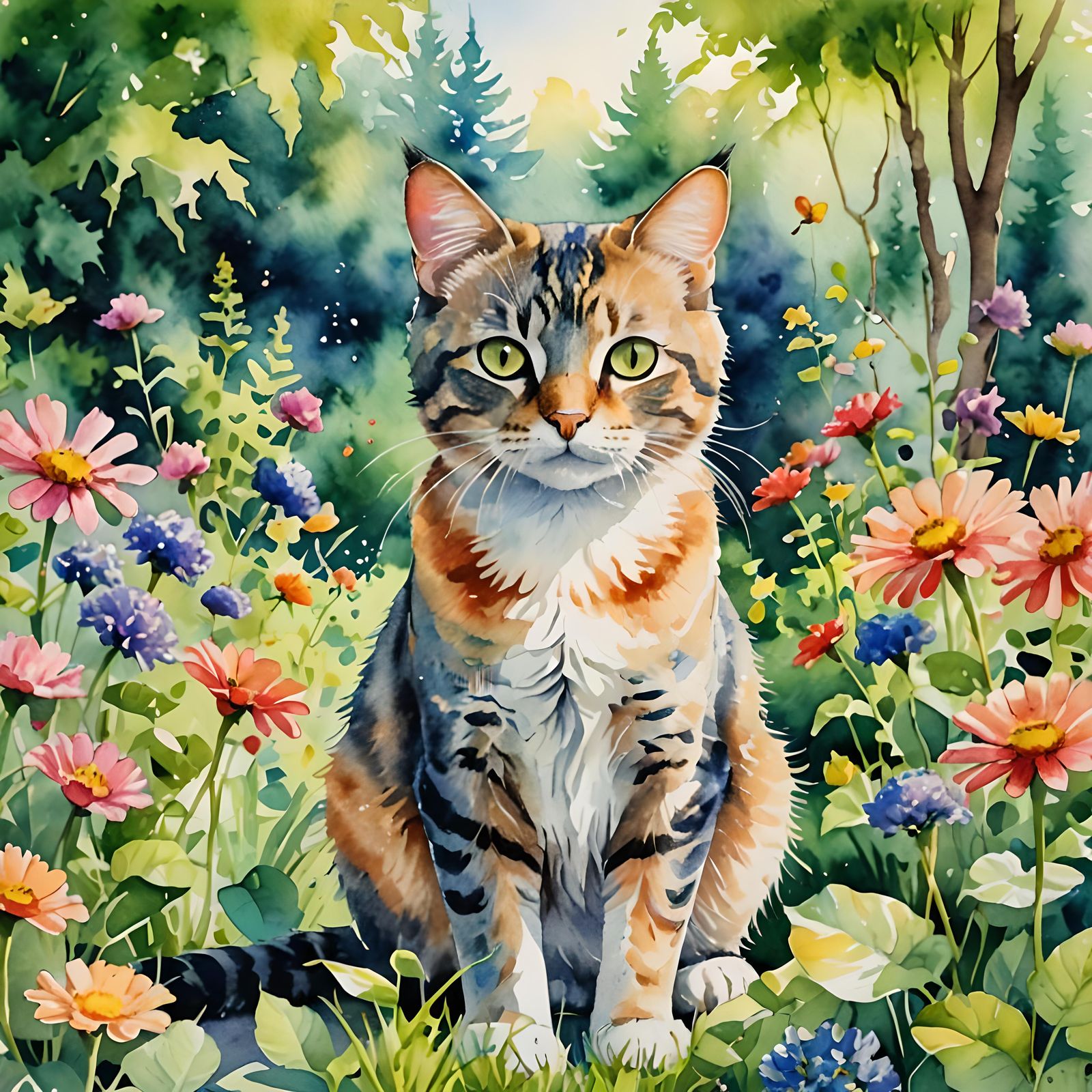 Watercolor Cat in Summer Garden: Detailed Close-Up