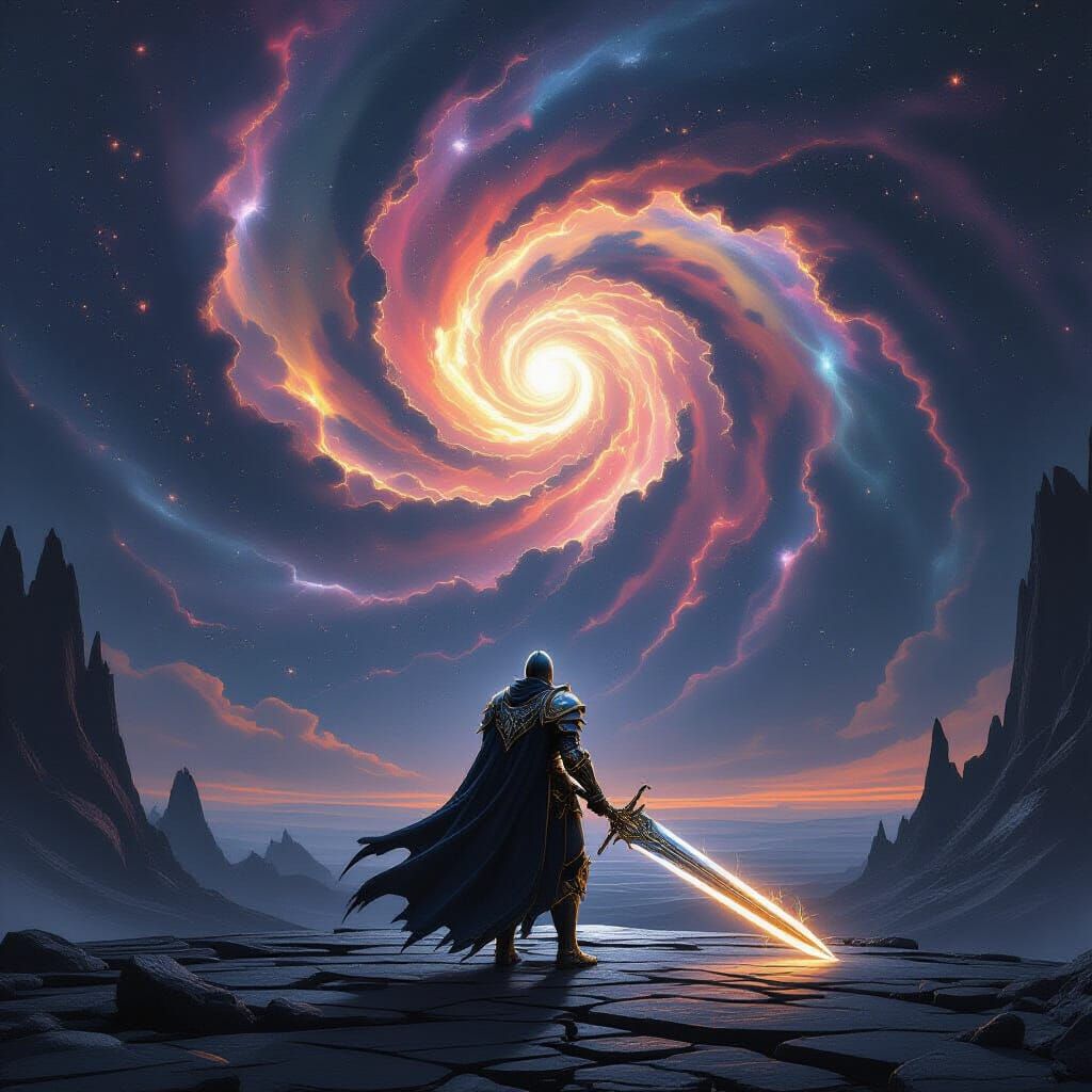 Knight Gazes at Cosmic Nebula in Dark Fantasy Art
