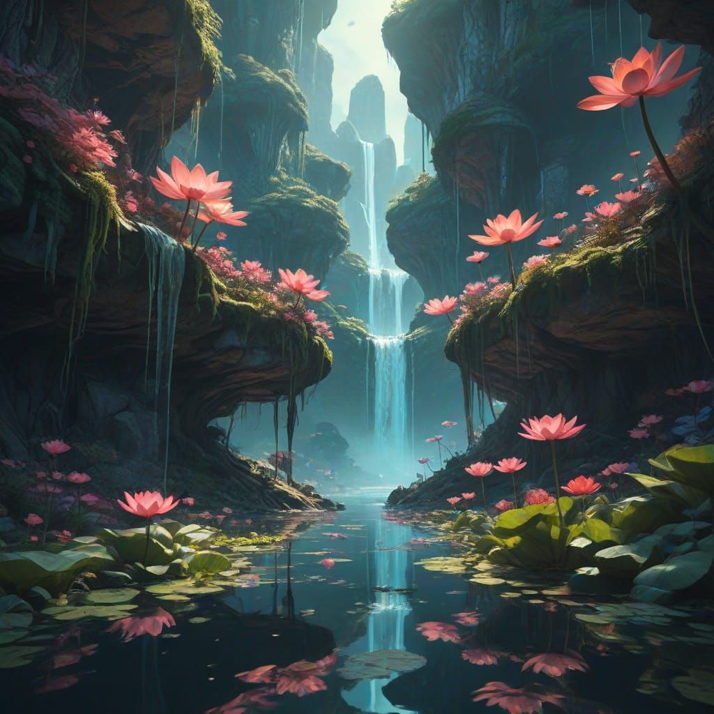 Bioluminescent Lotus Oasis with Ethereal Creatures