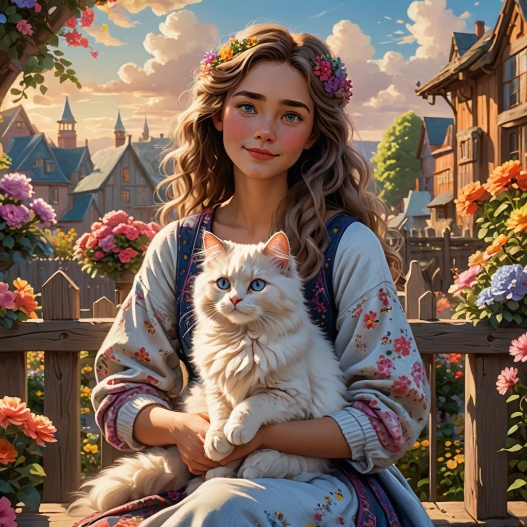 Woman with Angora Cat on Sunny Terrace