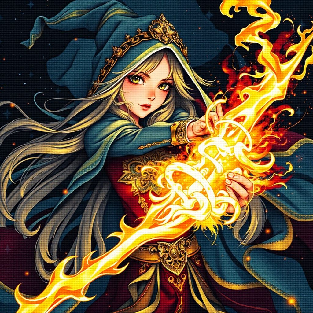 Intricate Anime Needlepoint, hyperdetailed hyperrealistic sorceress casting spells, runic energy