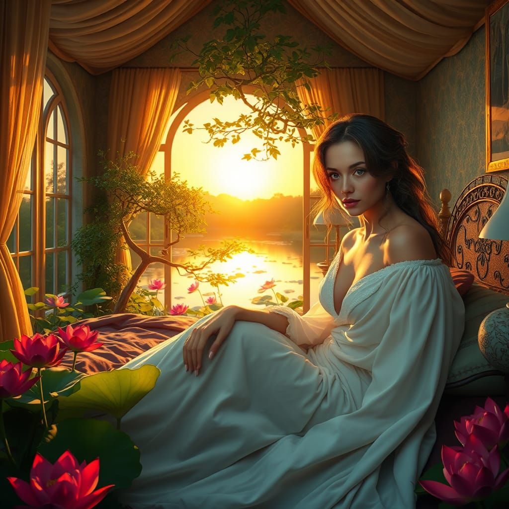 Dreamlike Woman in Ethereal Bedroom, Fantasy Concept Art